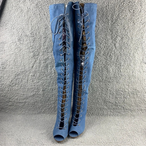 Denim Boots Over Knee Peep Toe Corset Lace Up Stiletto Heel Jeans Side Zip Shoes - Picture 5 of 15